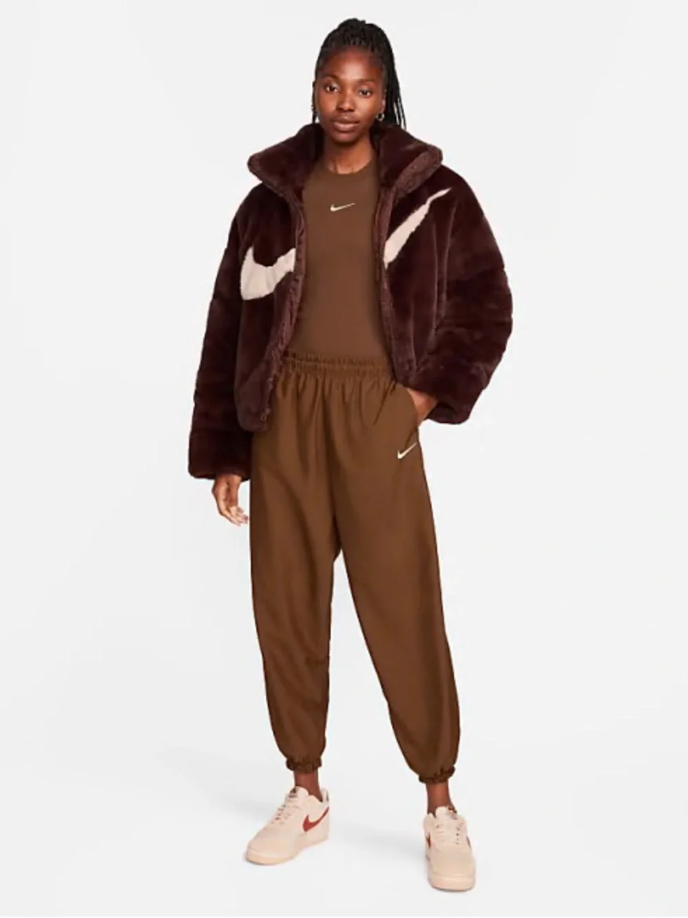 Nike Sportswear Essentials Faux Fur Teddy Jacket Brown Cream Oversized M